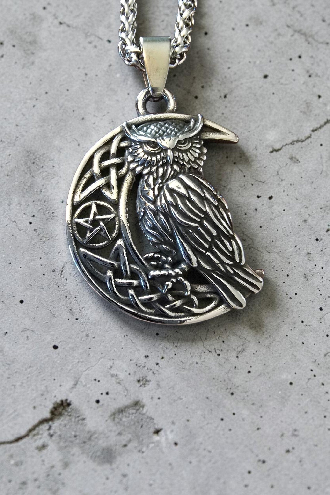 Crescent Moon Owl Stainless Steel Pendant Necklace