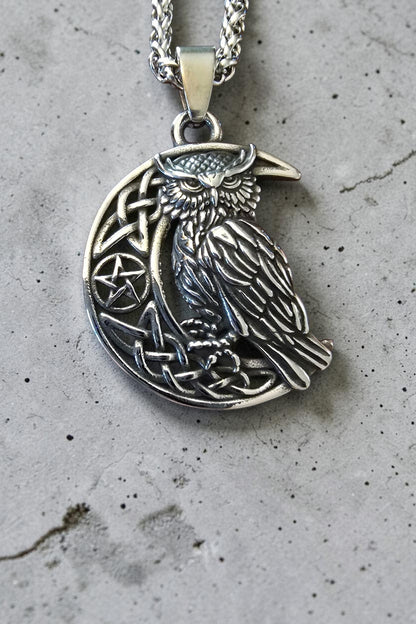 Crescent Moon Owl Stainless Steel Pendant Necklace