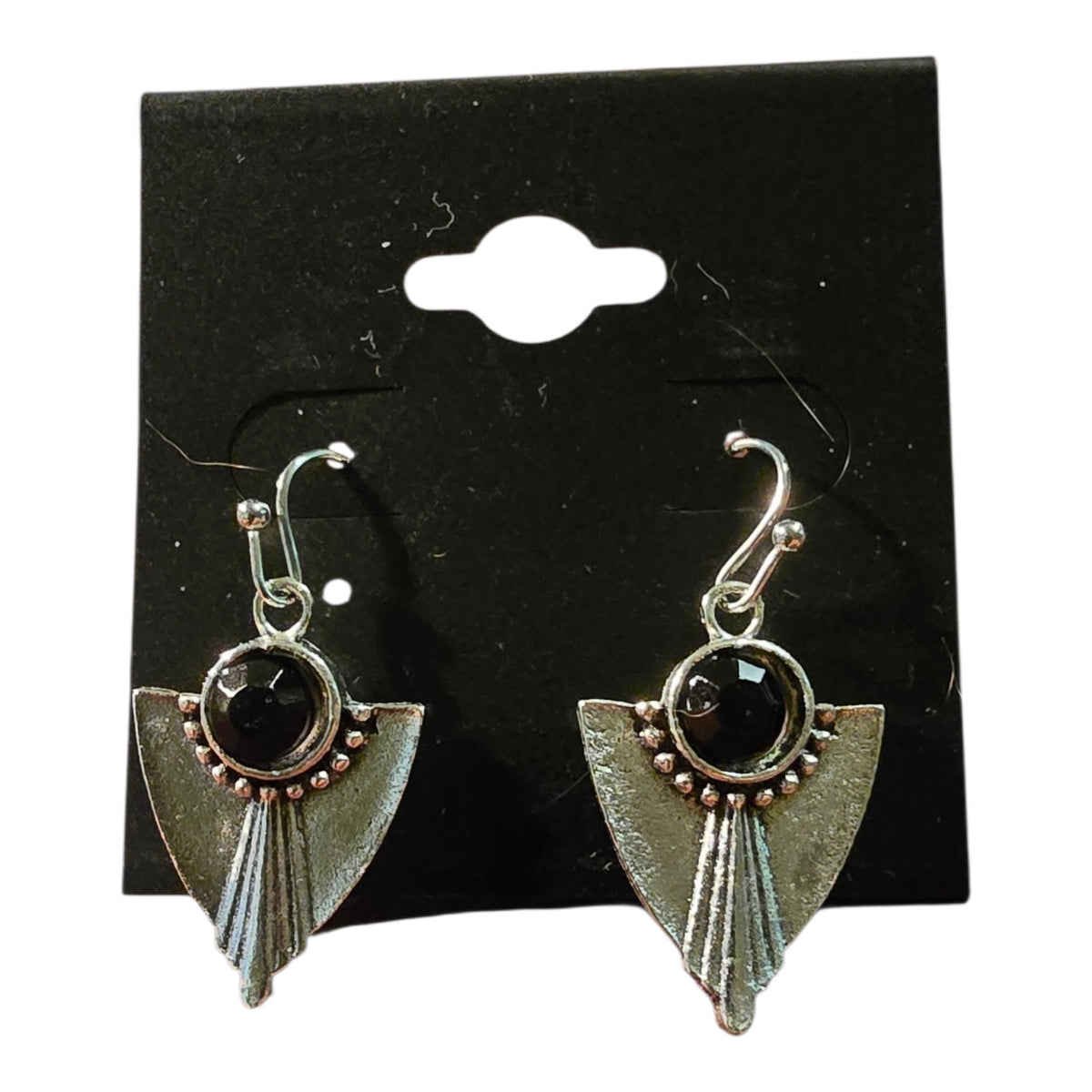 Vintage Art Deco Silver-Plated Earrings with Black Glass Cabochons
