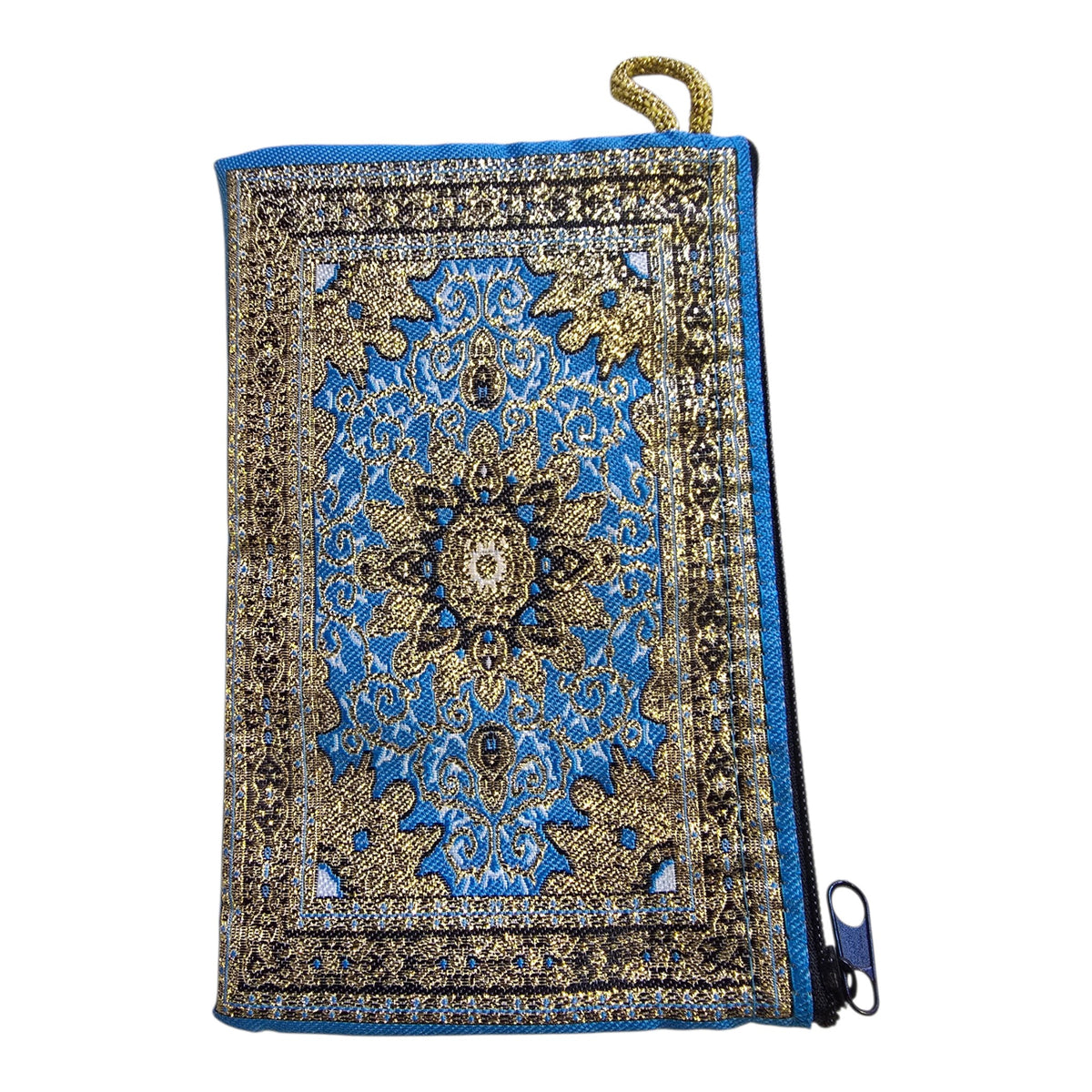 Woven Fabric Coin Purse – Vibrant Blue & Gold Floral Scrollwork