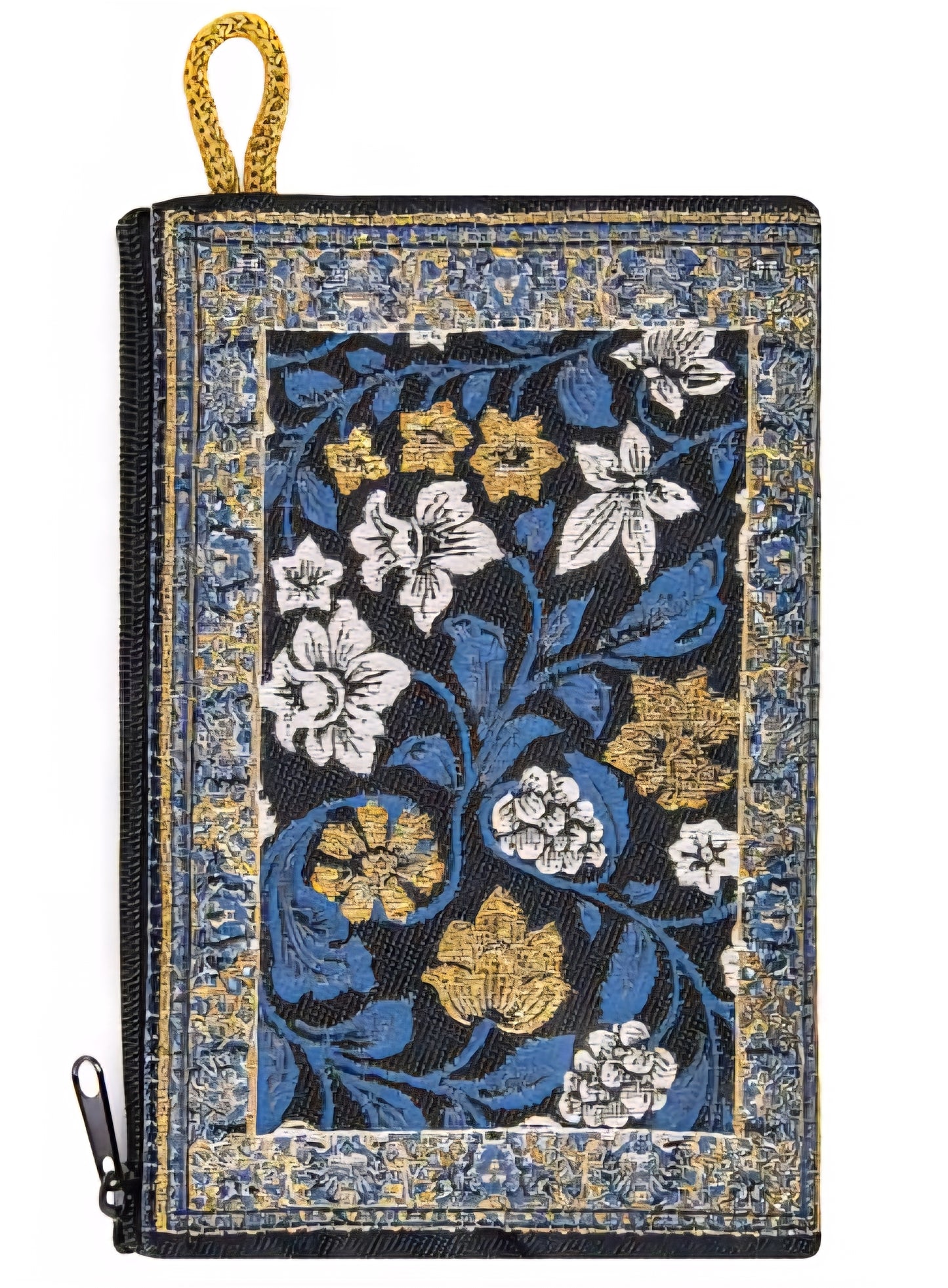 Beautiful Woven Tapestry Zipper Pouch with White and Gold Flowers on Blue Leaves