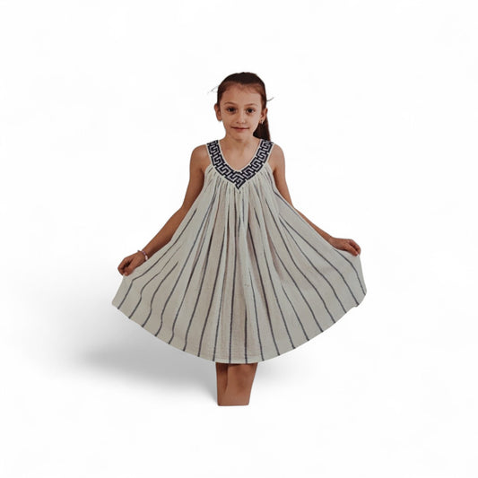 Girls’ White and Blue Striped Cotton Dress – Imported from Greece