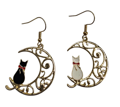 Moon Cat Gold Plated Enamel Painted Drop Earrings