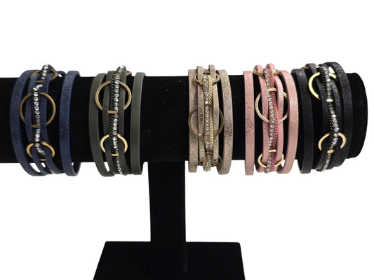 Multi-Layer PU Leather Bracelet with Braided Cord & Crystal