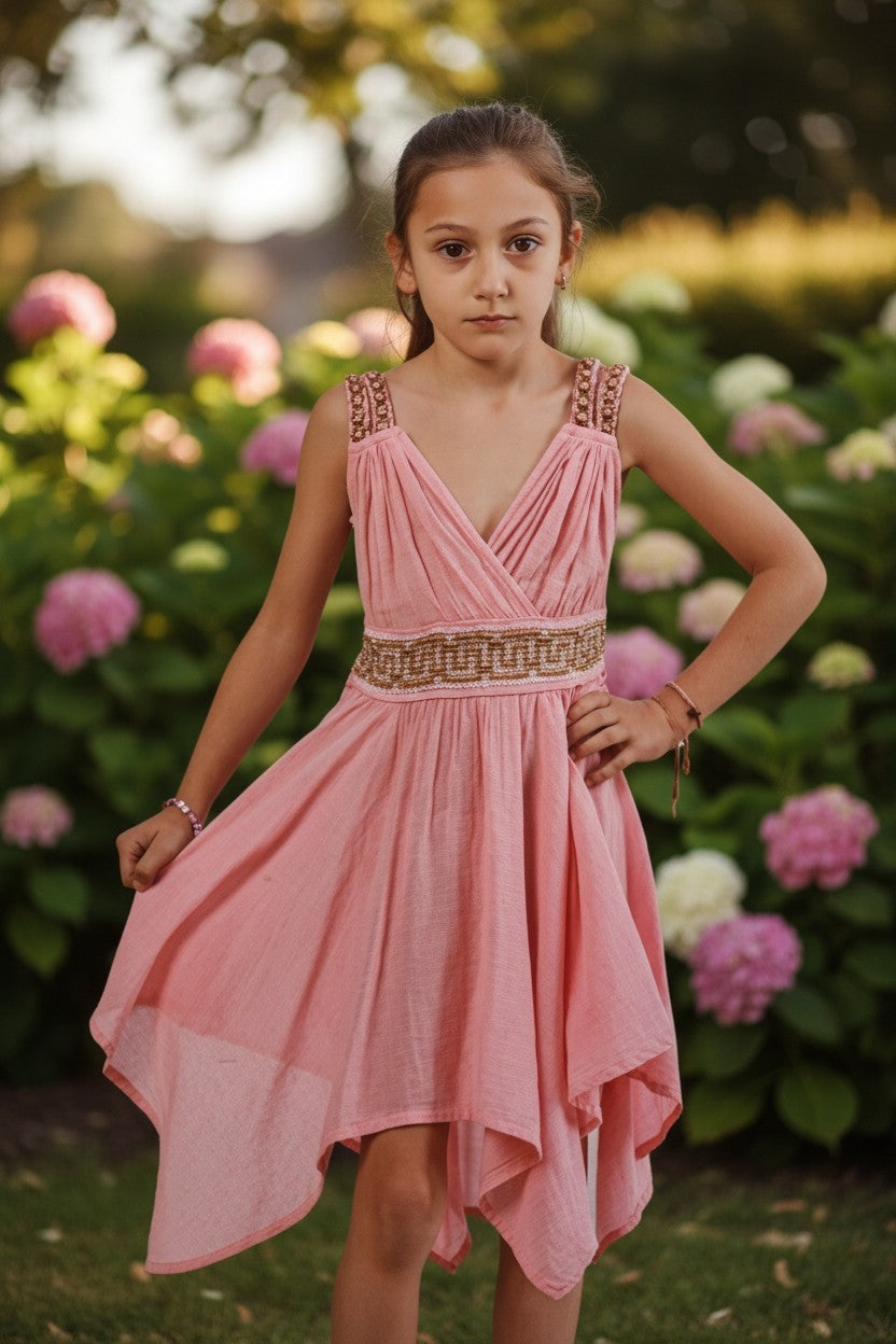 Girls’ Handkerchief‑Hem Cotton Dress with Gold Detail – Imported from Greece