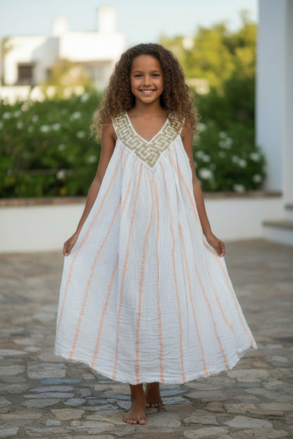 Girls’ White and Blue Striped Cotton Dress – Imported from Greece