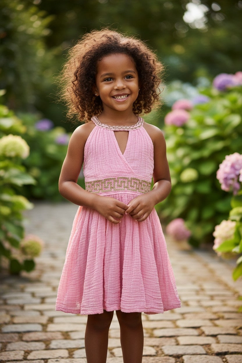Girls’ Greek Key Halter Dress with Metallic Meander Design (Pink & Blue)