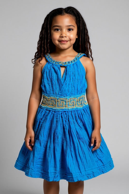 Girls’ Greek Key Halter Dress with Metallic Meander Design (Pink & Blue)