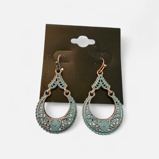 Bohemian Filigree Teardrop Earrings with Rustic Patina Finish