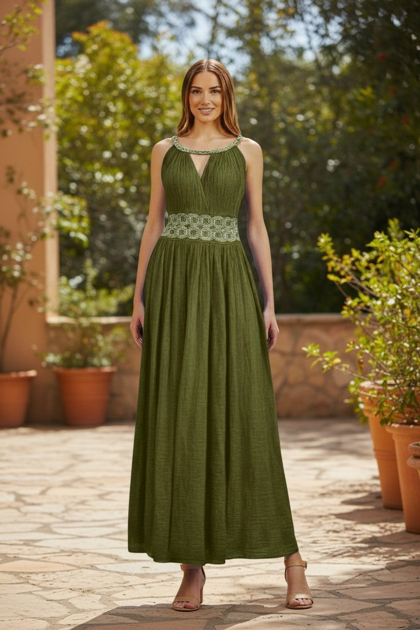 Greek-Imported Halter Maxi Dress with Embellished Keyhole Neckline (One Size)