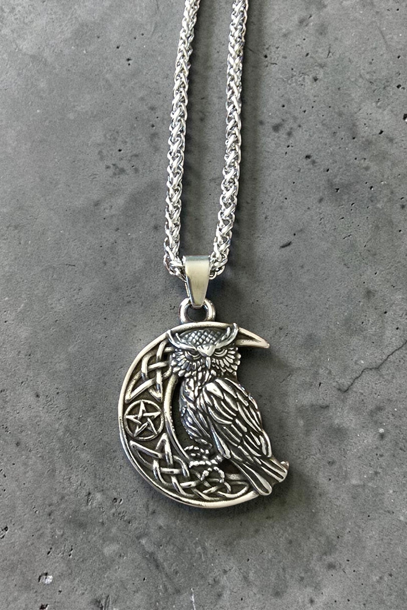 Crescent Moon Owl Stainless Steel Pendant Necklace