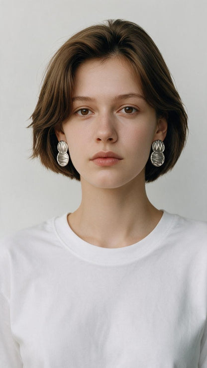 Silver-Tone Textured Interlocking Double-Disc Stud Earrings