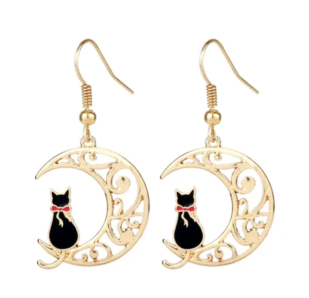 Moon Cat Gold Plated Enamel Painted Drop Earrings