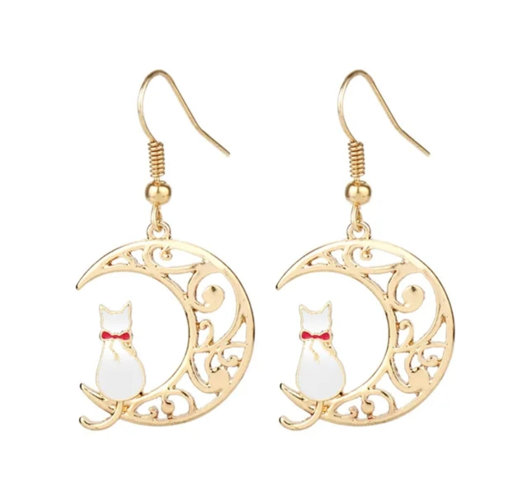 Moon Cat Gold Plated Enamel Painted Drop Earrings