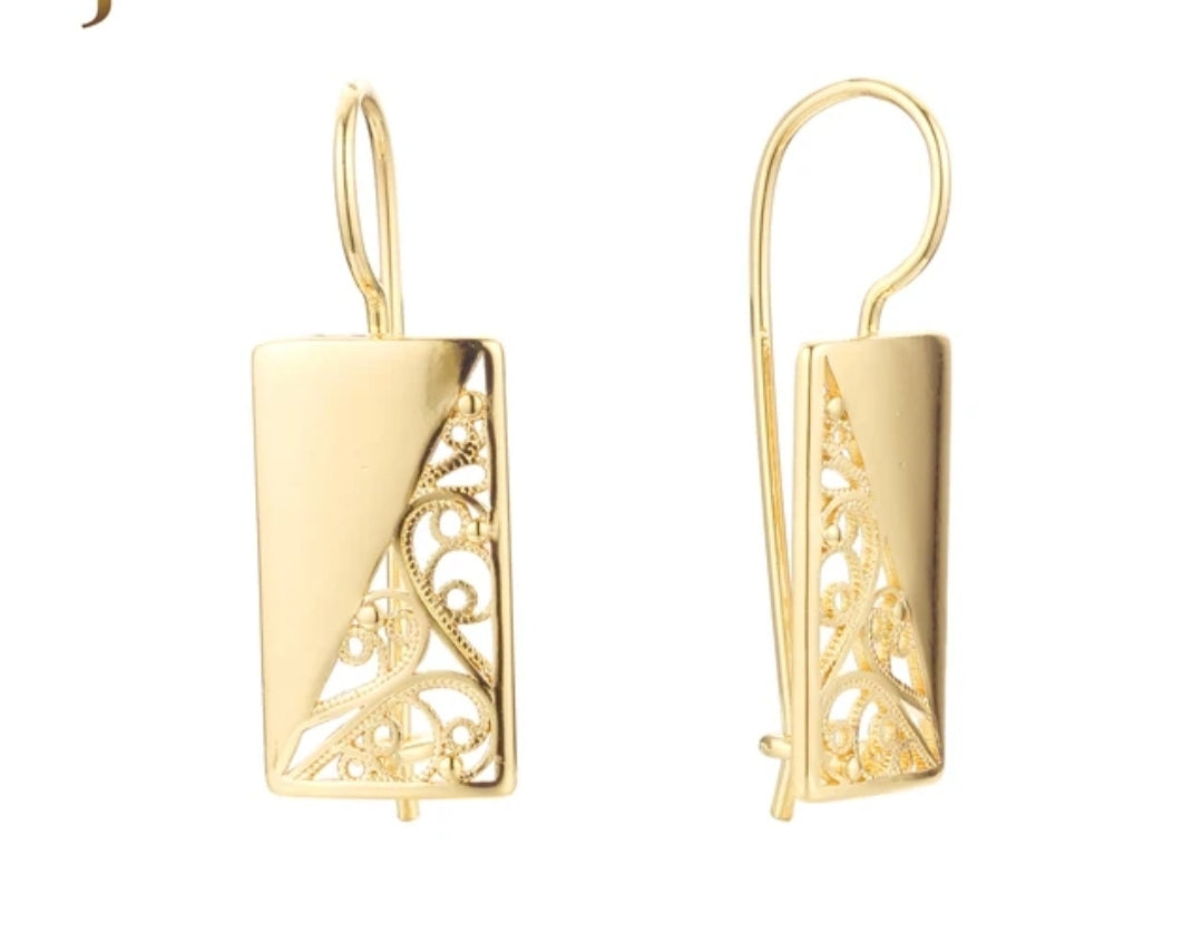 14K Gold Plated Wire Hook Earrings with Cut-Out Design