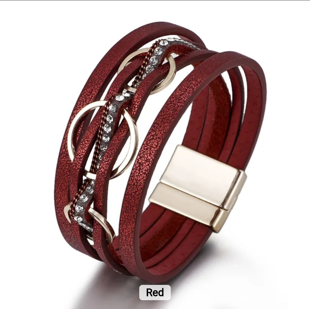 Multi-Layer PU Leather Bracelet with Braided Cord & Crystal