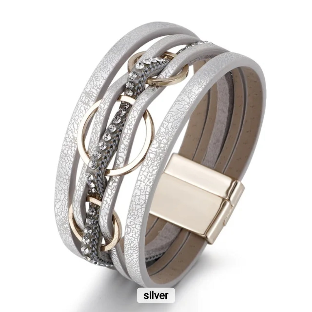 Multi-Layer PU Leather Bracelet with Braided Cord & Crystal