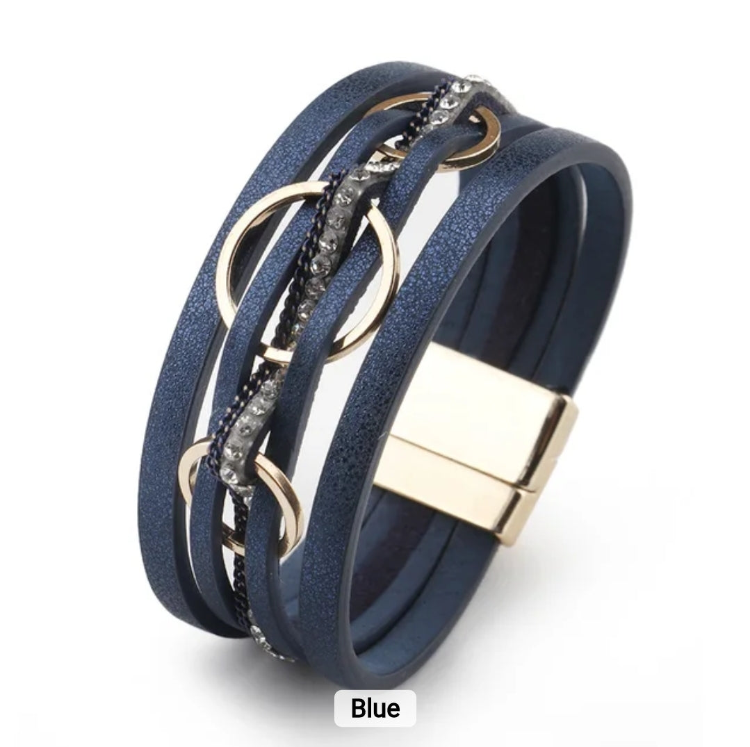 Multi-Layer PU Leather Bracelet with Braided Cord & Crystal
