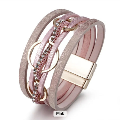 Multi-Layer PU Leather Bracelet with Braided Cord & Crystal