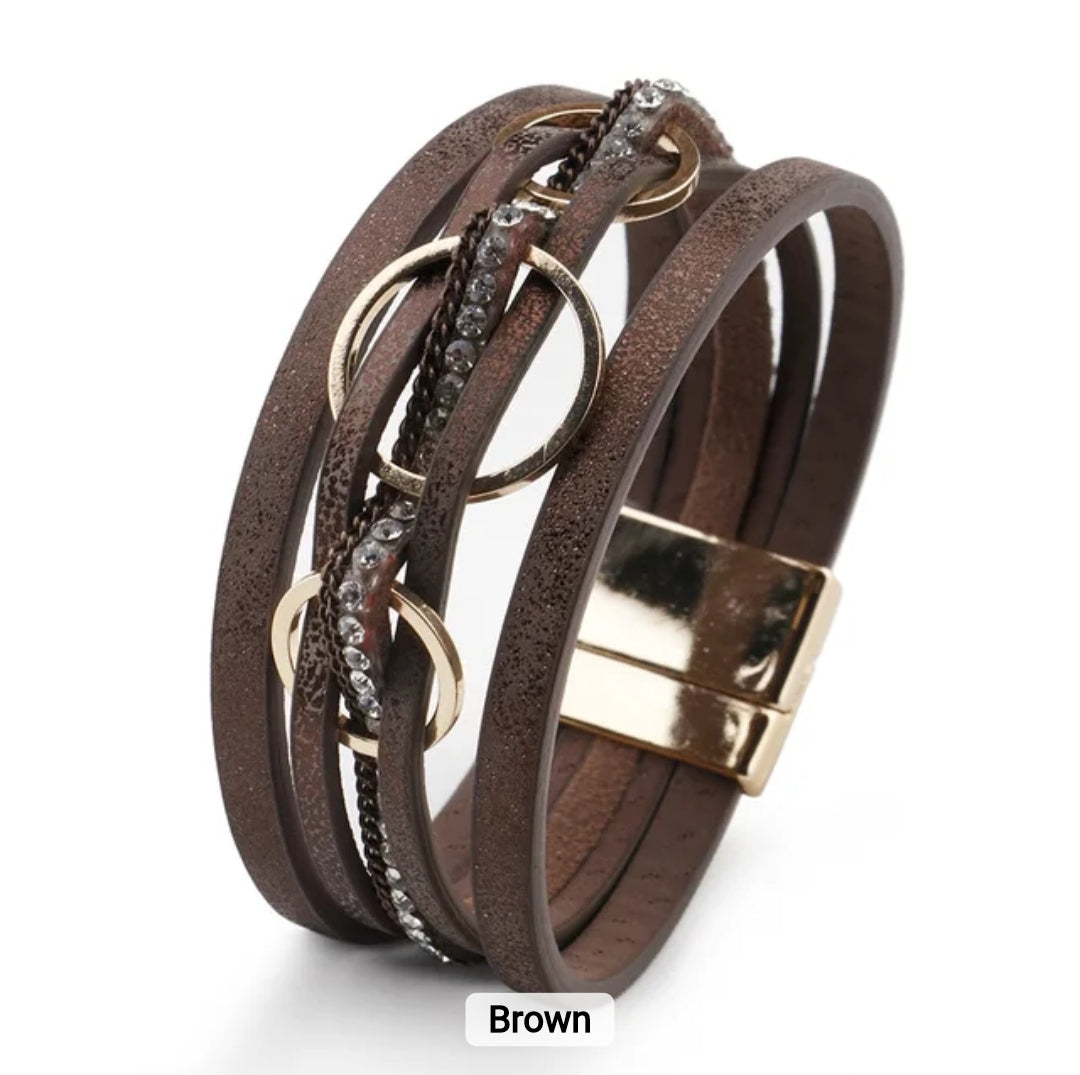 Multi-Layer PU Leather Bracelet with Braided Cord & Crystal