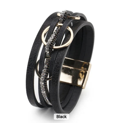 Multi-Layer PU Leather Bracelet with Braided Cord & Crystal