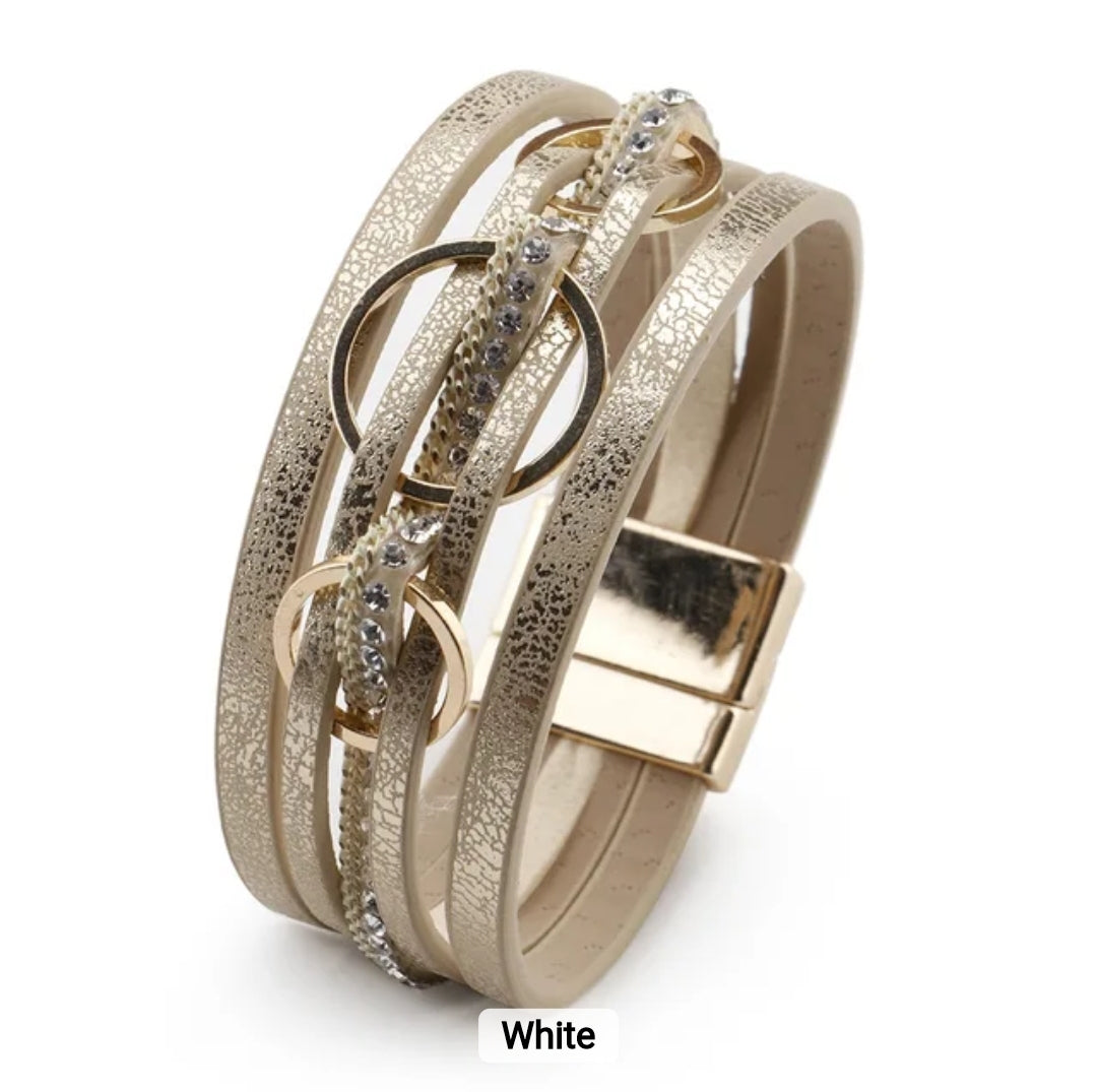 Multi-Layer PU Leather Bracelet with Braided Cord & Crystal