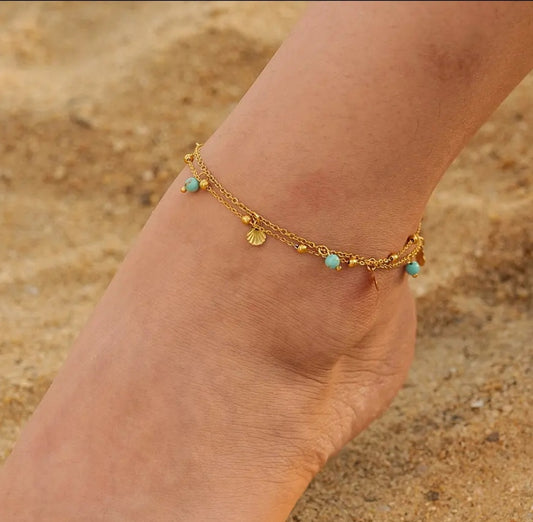Gold-Plated Stainless Steel Anklet with Turquoise & Seashell