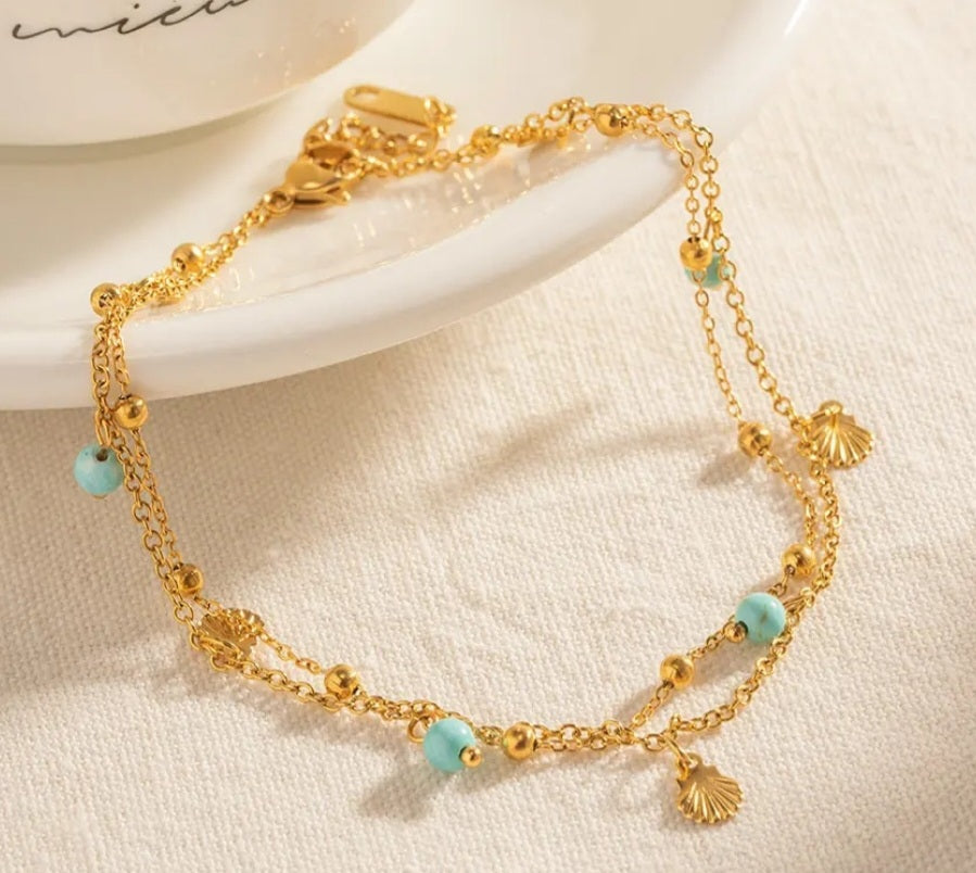 Gold-Plated Stainless Steel Anklet with Turquoise & Seashell