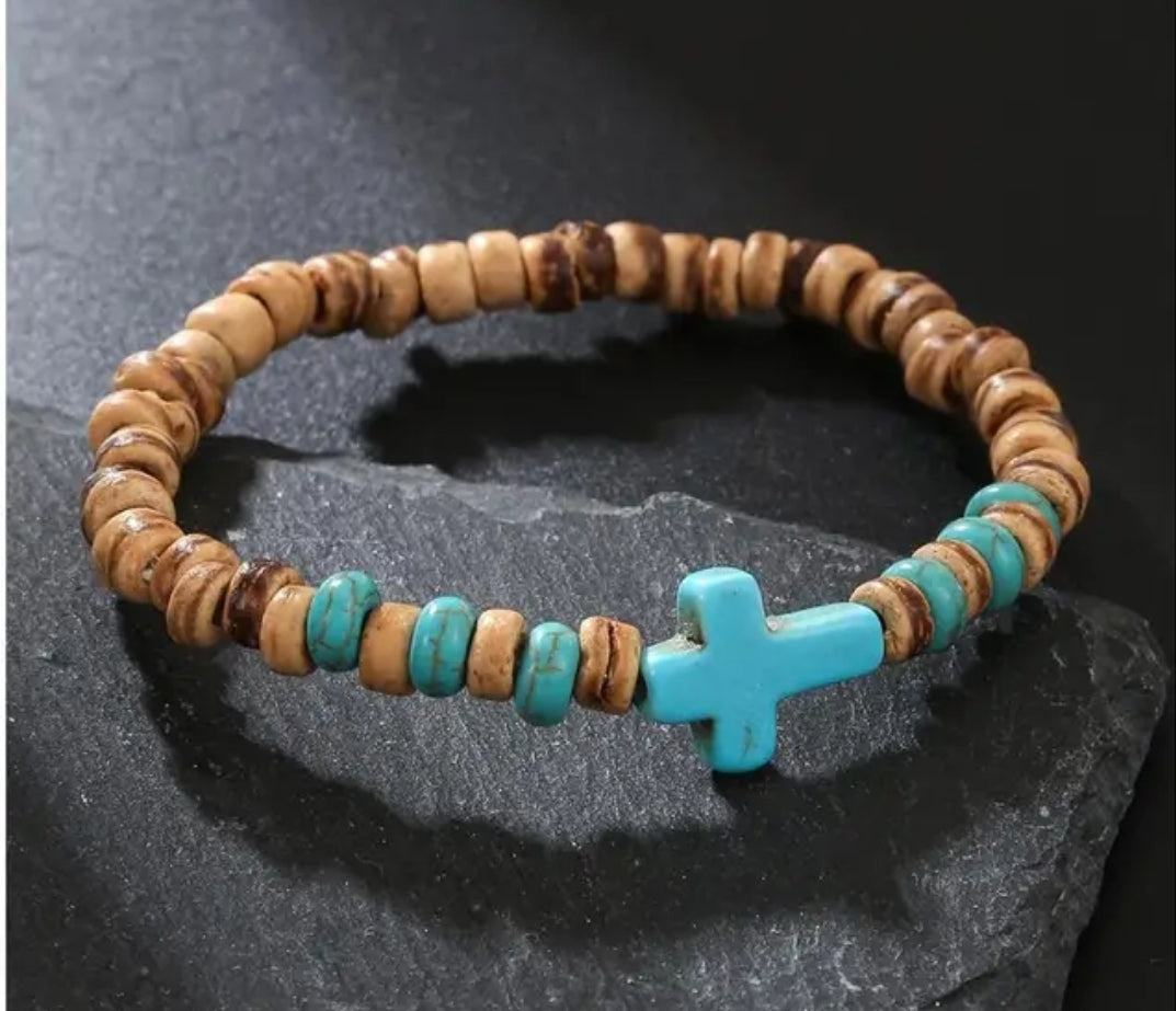Coconut Wood Bead & Cuban Cross Stone Bracelet