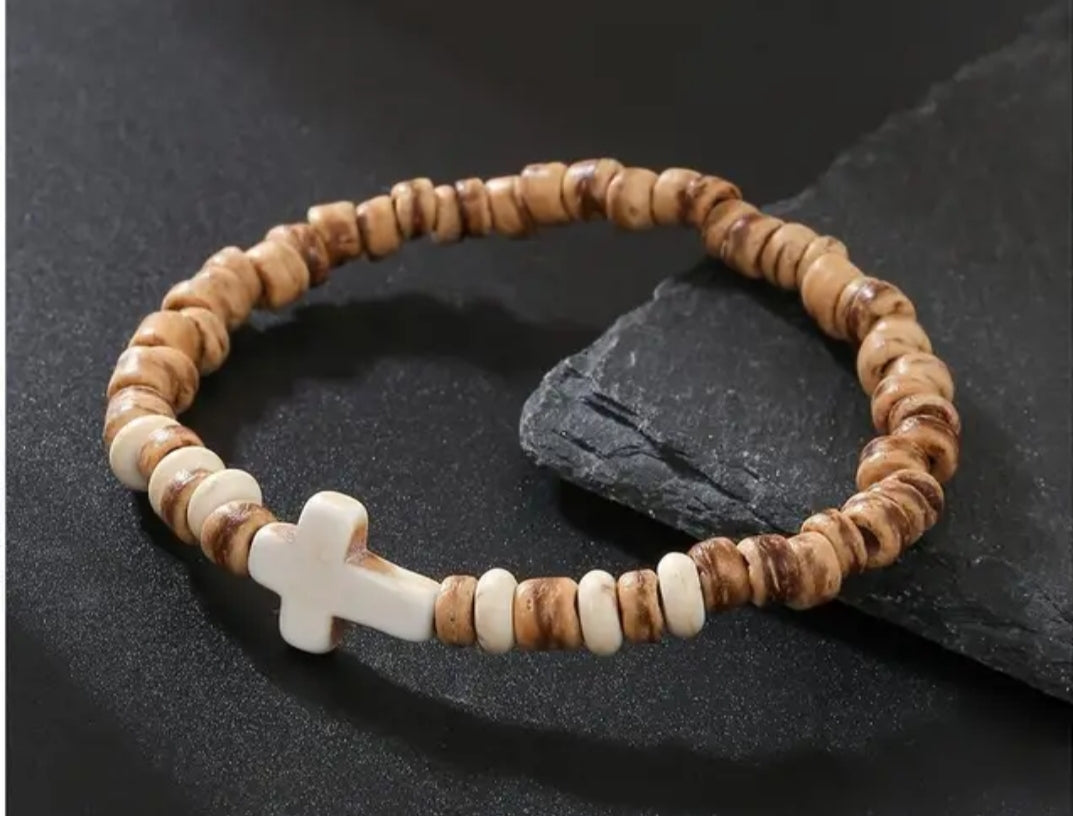 Coconut Wood Bead & Cuban Cross Stone Bracelet