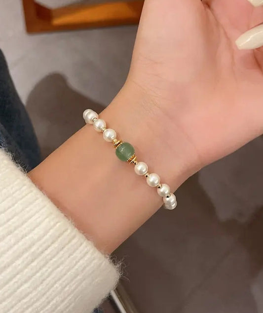 Green Chalcedony & Pearl Bracelet – Gold Plated