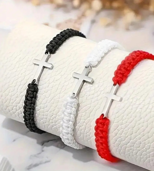 Stainless Steel Cross Bracelet with Woven Rope – Adjustable