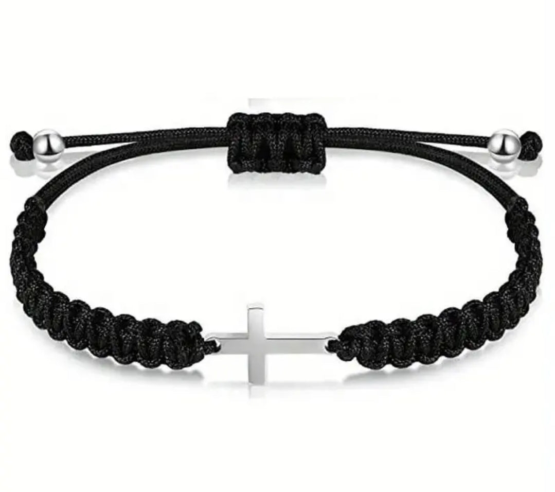 Stainless Steel Cross Bracelet with Woven Rope – Adjustable