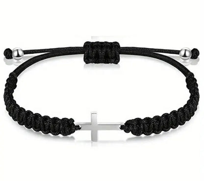 Stainless Steel Cross Bracelet with Woven Rope – Adjustable