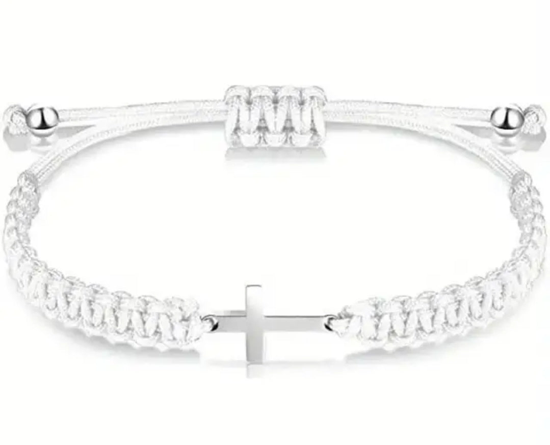 Stainless Steel Cross Bracelet with Woven Rope – Adjustable