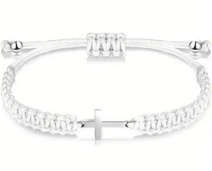 Stainless Steel Cross Bracelet with Woven Rope – Adjustable