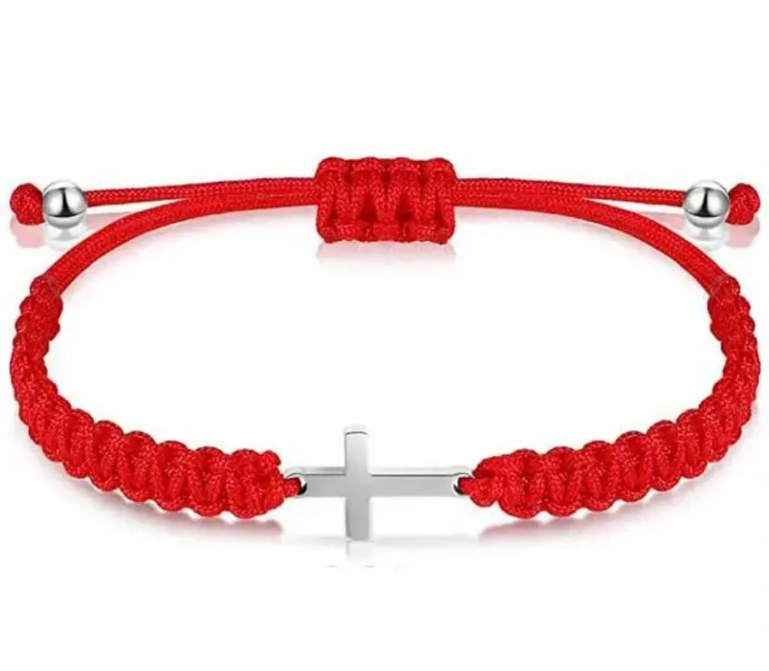 Stainless Steel Cross Bracelet with Woven Rope – Adjustable