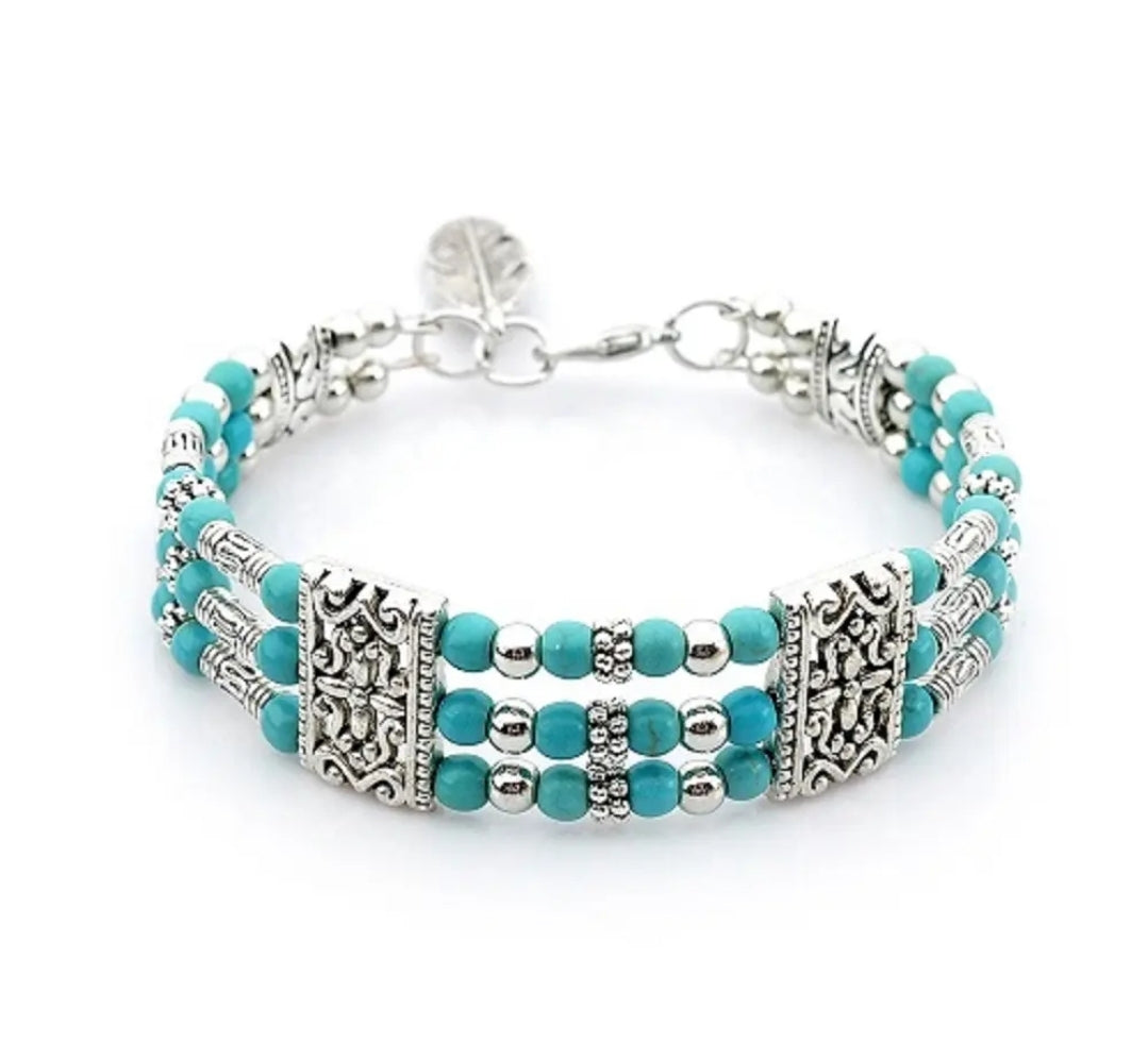 Three-Row Turquoise Alloy Bracelet with Feather Pendant