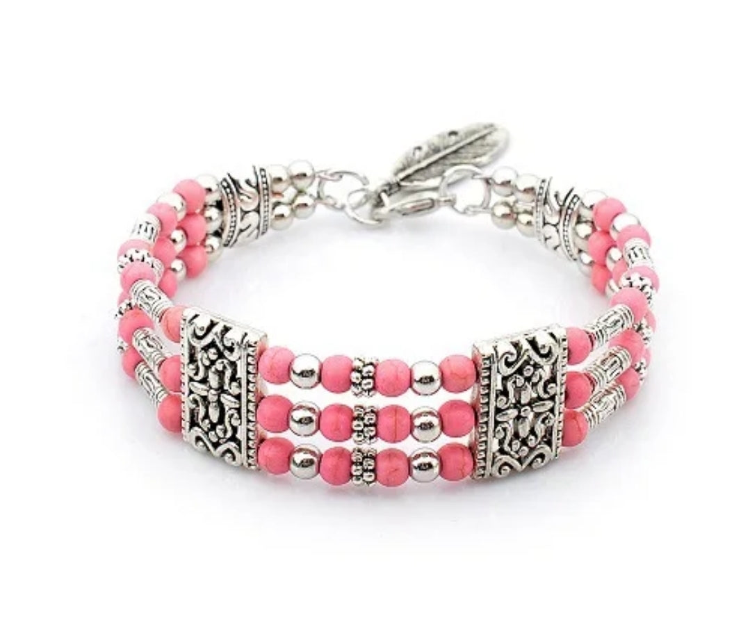 Three-Row Turquoise Alloy Bracelet with Feather Pendant