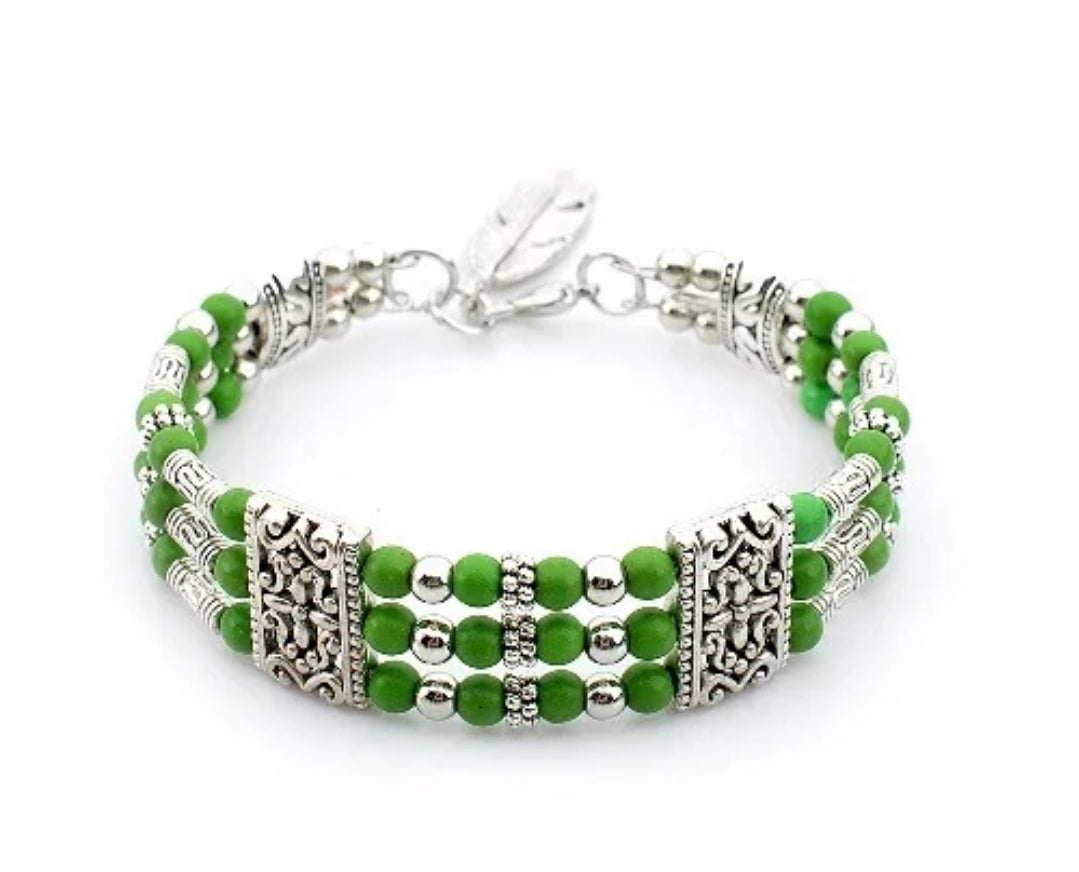 Three-Row Turquoise Alloy Bracelet with Feather Pendant