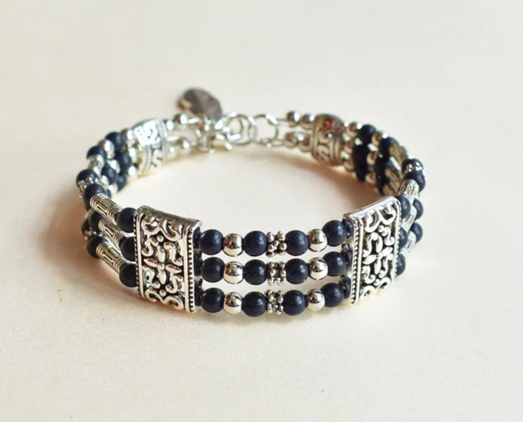 3-Row Beaded Bracelet with Feather Pendant Charm