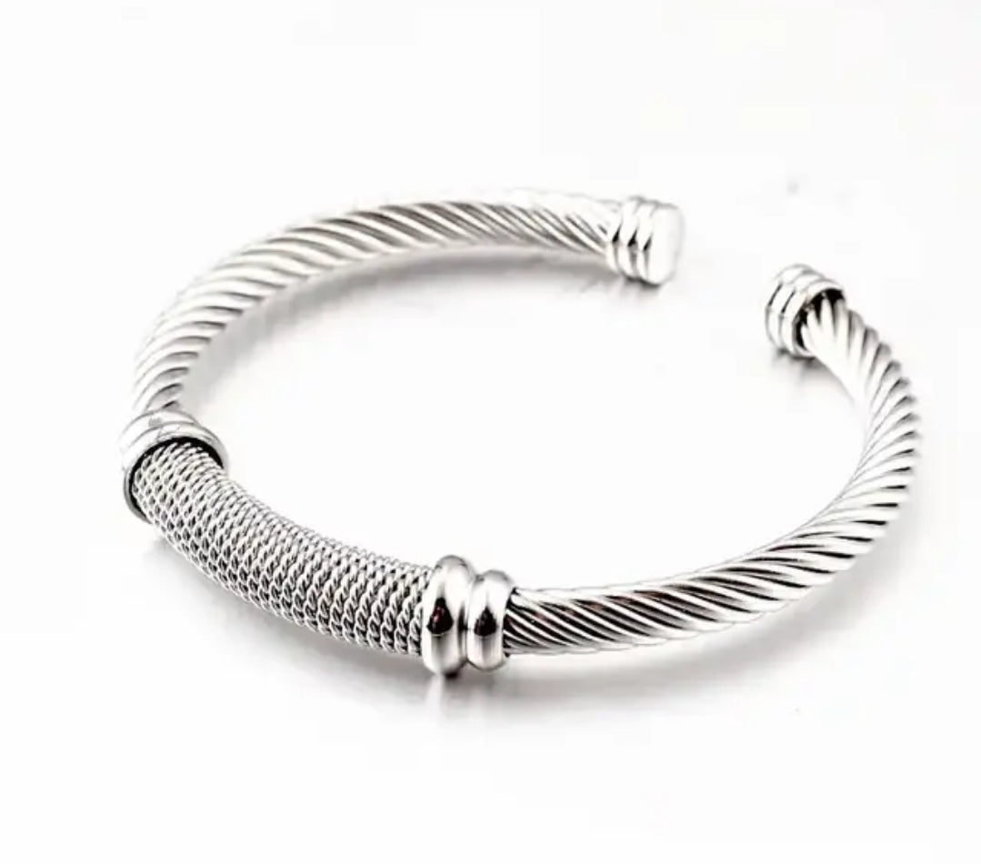 Stainless Steel Twisted Cable Cuff Bracelet–Silver or 14K