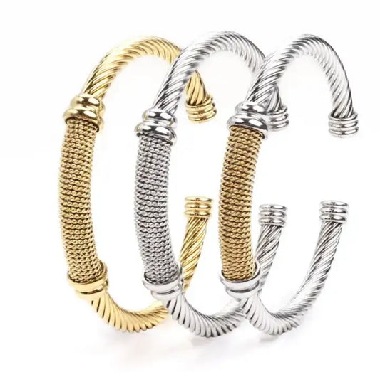 Stainless Steel Twisted Cable Cuff Bracelet–Silver or 14K
