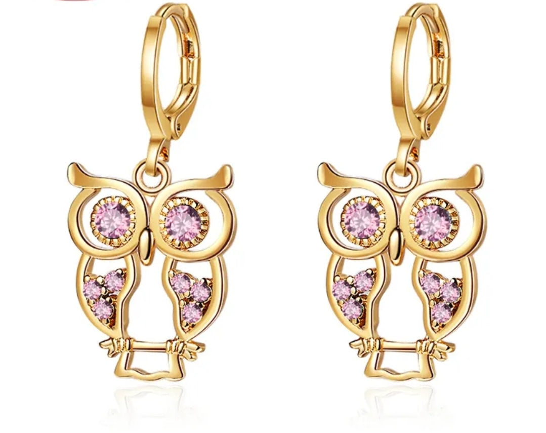 18K Gold-Plated Owl Earrings with Cubic Zirconia