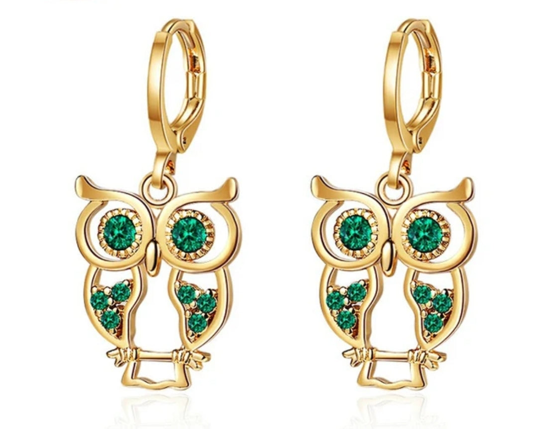 18K Gold-Plated Owl Earrings with Cubic Zirconia