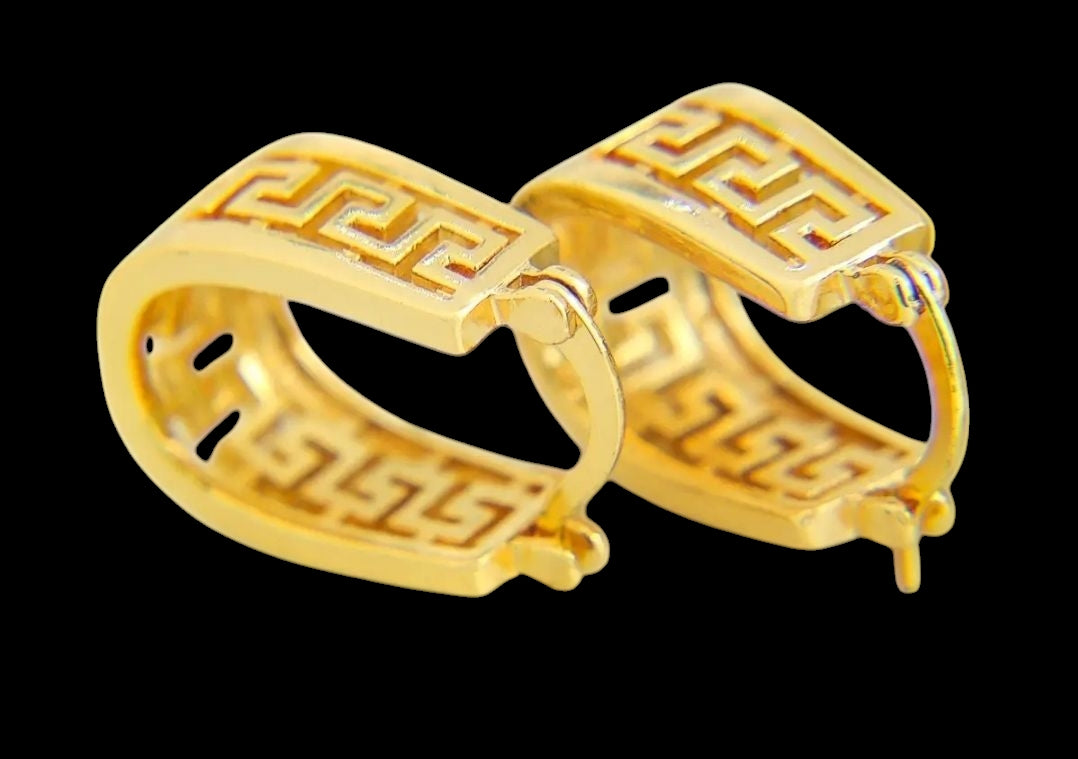 18K Gold Plated Greek Key Hoop Earrings – Hollow Out Design