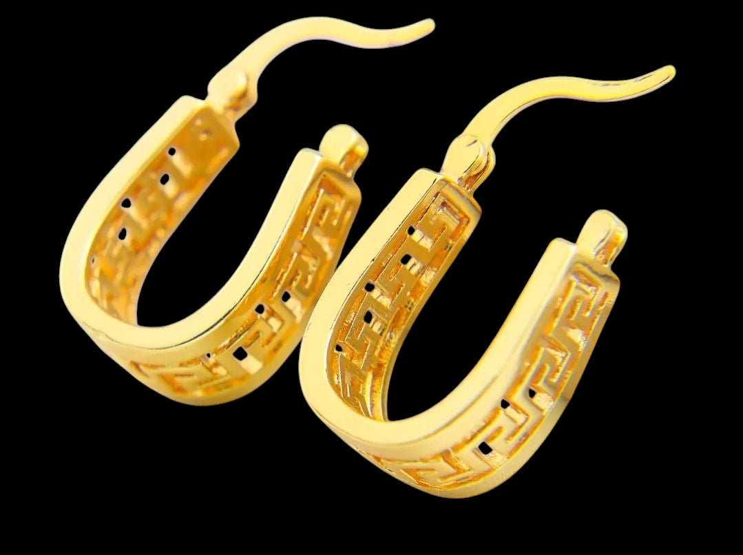 18K Gold Plated Greek Key Hoop Earrings – Hollow Out Design