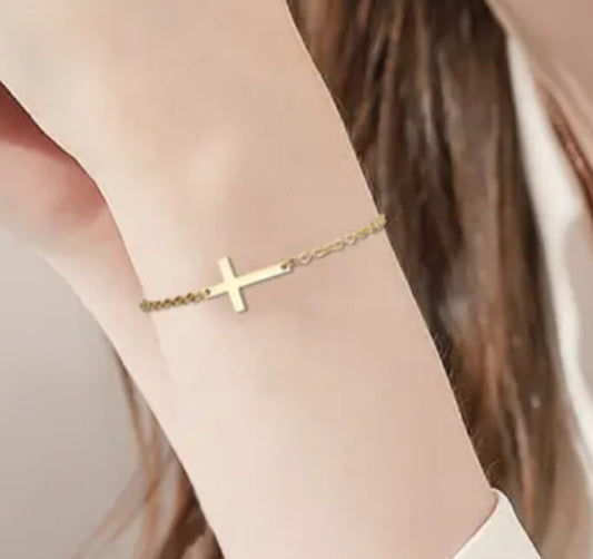 Adjustable Cross Bracelet or Anklet – Stainless Steel & Gold