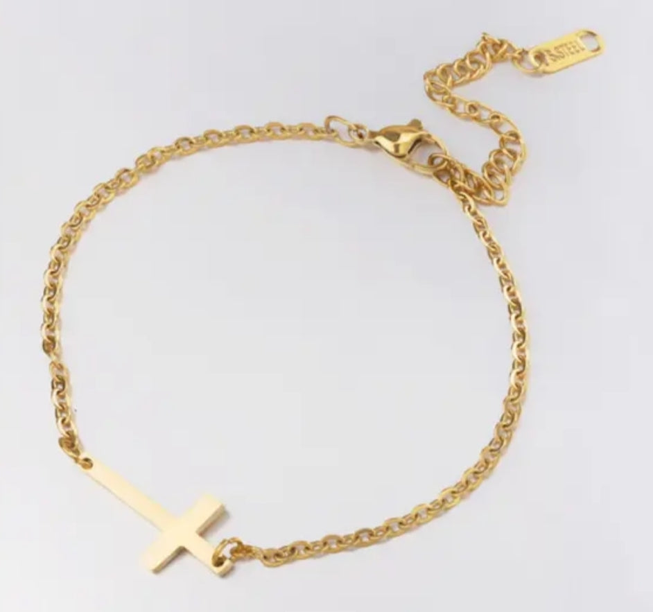 Adjustable Cross Bracelet or Anklet – Stainless Steel & Gold