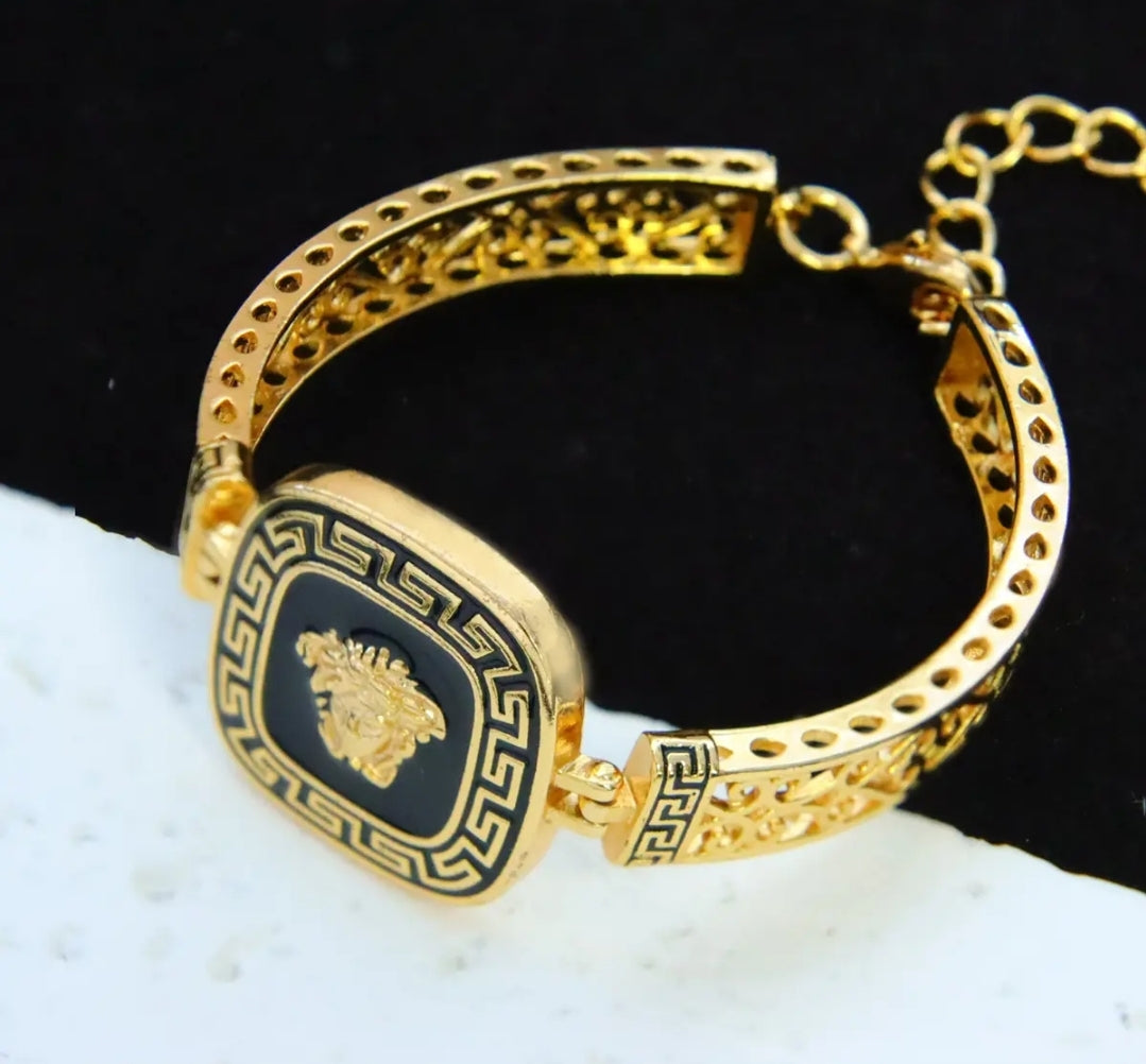 Black Portrait Bracelet – 18K Gold Plated Greek Key Design